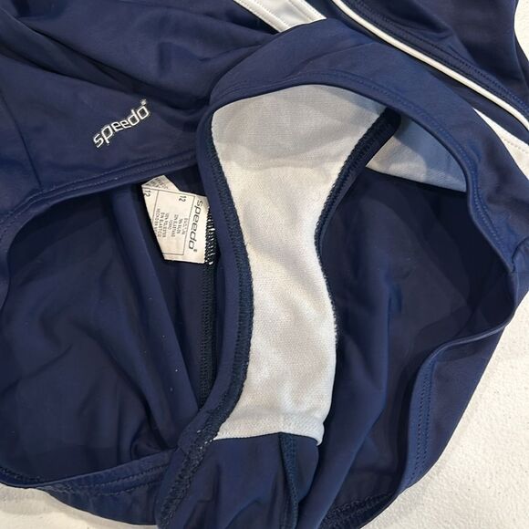 Speedo Swimsuit One Piece Women’s Navy Blue & White Bathing Suit Size 12 - Picture 4 of 8